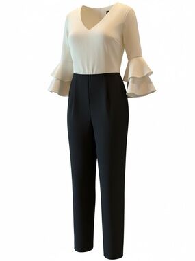 JEM Cream & Black V-Neck Ruffle Sleeve Jumpsuit - High End Outfit! And it shows